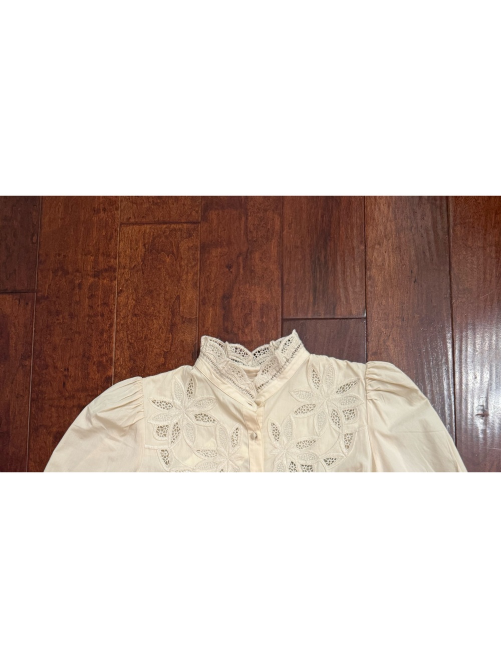 Sezane Cream Embroidered Lace Yoke Button-Down Blouse Chemise Bertille
